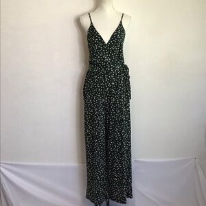Kaileigh Women Elegant Forest Green White Floral  Plunge V-Neck Jumpsuit Size MP